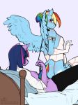  2017 absurd_res anthro armwear blush clothing cutie_mark duo equine female friendship_is_magic hair hi_res horn leash legwear littlesheep mammal multicolored_hair my_little_pony pegasus rainbow_dash_(mlp) rainbow_hair simple_background twilight_sparkle_(mlp) unicorn wings 