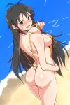  antenna_hair ass beach black_hair blue_eyes blush breasts day earrings embarrassed fang ganaha_hibiki hoop_earrings idolmaster idolmaster_(classic) jewelry long_hair looking_at_viewer looking_back medium_breasts ocean sideboob sketch slingshot_swimsuit solo sweatdrop swimsuit swimsuit_pull tengu_(tetuo_kun) 