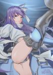  armor armored_boots artist_name blue_eyes boots crotch_plate eyebrows_visible_through_hair fate/extra fate/extra_ccc fate/grand_order fate_(series) hair_ribbon juliet_sleeves leg_up long_hair long_sleeves looking_at_viewer meltlilith puffy_sleeves purple_hair revealing_clothes ribbon smile solo thighs white_coat white_ribbon you06 