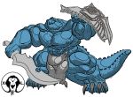  abs anthro big_bulge big_claws big_pecs blue_scales bulge claws clothing crocodile crocodilian huge_muscles hyper hyper_muscles loincloth melee_weapon muscular nipples pecs pose reptile scales scalie shield solo sword thick_arms thick_legs thick_thighs weapon xatanlion 