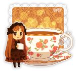  :d artist_name bangs black_legwear blush brown_dress brown_eyes brown_hair chibi commentary cup dav-19 dress eyebrows_visible_through_hair floral_print food full_body holding holding_food lace_background long_hair open_mouth original pantyhose personification print_cup saucer see-through see-through_silhouette smile solo standing sugar_cube tea teacup transparent_background very_long_hair watermark web_address 