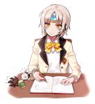  alternate_costume another_code_(elsword) blazer blush_stickers book collared_shirt desk elsword eraser eve_(elsword) facial_mark flying_sweatdrops forehead_jewel inna jacket moby_(elsword) pencil remy_(elsword) ribbon school_uniform shirt short_hair silver_hair smile white_background yellow_eyes 