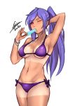  absurdres airisubaka bikini breasts cleavage food highres ice_cream iris_heart kami_jigen_game_neptune_v large_breasts long_hair looking_at_viewer navel neptune_(series) one_eye_closed ponytail purple_hair red_eyes signature solo swimsuit symbol-shaped_pupils tan tanline 