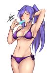  absurdres airisubaka bikini breasts cleavage food highres ice_cream iris_heart kami_jigen_game_neptune_v large_breasts long_hair looking_at_viewer navel neptune_(series) one_eye_closed ponytail purple_hair red_eyes signature solo swimsuit symbol-shaped_pupils 
