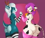  anthro antlers armwear bovine butt cattle cervine clothed clothing cowbell crossdressing duo girly hair hand_holding horn laiche legwear looking_at_viewer male mammal smile striped_armwear striped_legwear stripes suirano thigh_highs 