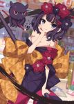  absurdres arm_support bangs bare_shoulders between_breasts black_hair black_kimono blue_eyes blurry blurry_background bow breasts brown_bow calligraphy_brush cleavage closed_mouth collarbone depth_of_field dutch_angle eyebrows_visible_through_hair fate/grand_order fate_(series) hair_ornament highres holding holding_paintbrush ink japanese_clothes katsushika_hokusai_(fate/grand_order) kimono medium_breasts octopus off_shoulder paintbrush sapphire_(sapphire25252) smile solo sparkle tokitarou_(fate/grand_order) unmoving_pattern 