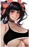  black_hair bow breasts brown_eyes choker cleavage collar flower freckles grin hair_bow hair_flower hair_ornament hairband huge_breasts looking_at_viewer medium_hair original parted_lips randy_(awesomevillage) smile solo sports_bra teeth tied_hair twintails underboob upper_body 