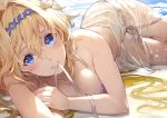 absurdres bangs beach bikini blonde_hair blue_eyes breasts cleavage flower granblue_fantasy hair_between_eyes hair_flower hair_intakes hair_ornament hairband highres jeanne_d'arc_(granblue_fantasy) kakage long_hair looking_at_viewer lying medium_breasts mouth_hold on_side outdoors parted_lips psd_available purple_bikini see-through side-tie_bikini solo swimsuit untied untied_bikini 
