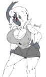  2018 absol akatsukishiranui-fox anthro bedroom_eyes big_breasts breasts cleavage clothed clothing female fur gloves_(marking) grey_fur hair hair_over_eye half-closed_eyes hand_on_hip looking_at_viewer markings multicolored_fur nintendo pok&eacute;mon pok&eacute;mon_(species) red_eyes seductive simple_background smile solo two_tone_fur video_games white_background white_fur white_hair 