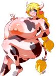  2018 anthro areola big_breasts blonde_hair blue_eyes bovine braided_hair breasts cattle digital_media_(artwork) female hair hi_res horn huge_breasts long_hair looking_at_viewer mammal nipples ryousakai simple_background solo thick_thighs tongue tongue_out v_sign white_background 