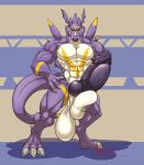  2018 3_fingers 3_toes abs anthro balls big_balls blue_background digimon digitigrade dragon dragoneer_(character) erection fan_character grin hand_on_balls horn huge_balls hungothenomster hyper hyper_balls hyper_penis knot looking_at_viewer male markings multicolored_skin murasadramon muscular muscular_male nude penis purple_penis purple_skin red_eyes scalie sharp_teeth simple_background smile solo standing teeth toes two_tone_skin vein white_skin yellow_skin 