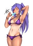  absurdres airisubaka bikini breasts cleavage food highres ice_cream iris_heart kami_jigen_game_neptune_v large_breasts long_hair looking_at_viewer navel neptune_(series) one_eye_closed ponytail purple_hair red_eyes signature solo swimsuit symbol-shaped_pupils tan tanline 