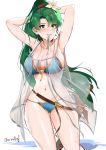  :d adapted_costume armpits arms_behind_head bikini blue_bikini blush breasts cleavage collarbone cosplay cowboy_shot crossed_arms earrings fire_emblem fire_emblem:_rekka_no_ken flower granblue_fantasy green_eyes green_hair grin hair_flower hair_ornament high_ponytail highres jeanne_d'arc_(granblue_fantasy) jeanne_d'arc_(granblue_fantasy)_(cosplay) jewelry large_breasts long_hair looking_at_viewer lyndis_(fire_emblem) mouth_hold navel open_mouth ormille ribbon see-through sheath sheathed shiny shiny_hair simple_background skin_tight smile solo standing stomach string_bikini swimsuit sword teeth thighs tsurime twitter_username very_long_hair water water_drop weapon wet wet_hair white_background white_ribbon 