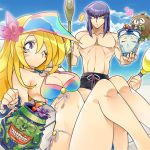  1boy 1girl blonde_hair breasts cleavage closed_mouth commentary_request dark_magician dark_magician_girl duel_monster flower hair_flower hair_ornament hat kuriboh long_hair medium_breasts misaka_(missa) no_headwear pot_of_duality pot_of_greed shorts smile staff swimsuit yuu-gi-ou yuu-gi-ou_duel_monsters 