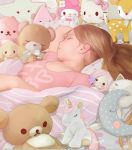  bed bedroom brown_hair eyes_closed flat_chest hello_kitty long_hair lying on_back original sleeping solo stuffed_animal stuffed_toy 