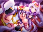  1girl arms_behind_back azarin bound_arms bound_legs breasts closed_mouth frills gloves headdress inoino kouyoku_senki_exs-tia lusterise monster nipples orange_eyes restrained skirt spread_legs tentacle thighhighs white_hair white_legwear 