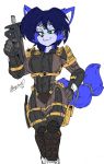  2018 5_fingers akatsukishiranui-fox anthro big_breasts blue_fur blue_hair breasts canine clothed clothing cosplay crossover female fox fur green_eyes gun hair hand_on_hip holding_object holding_weapon konami krystal looking_down mammal metal_gear nintendo ranged_weapon simple_background smile solo star_fox video_games weapon white_background 