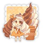  :d artist_name bangs blush bow brown_bow brown_dress brown_eyes brown_footwear brown_hair brown_ribbon chibi commentary dav-19 dress drill_hair eyebrows_visible_through_hair food full_body hair_ribbon ice_cream ice_cream_cone lace_background long_hair multicolored_hair open_mouth original own_hands_together personification puffy_short_sleeves puffy_sleeves ribbon short_sleeves smile soft_serve solo standing transparent_background twin_drills twintails two-tone_hair very_long_hair watermark web_address white_hair 