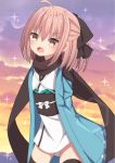  :d arms_behind_back bangs black_legwear black_ribbon black_scarf brown_eyes cloud cloudy_sky eyebrows_visible_through_hair fate/grand_order fate_(series) hair_between_eyes hair_ribbon half_updo haori highres japanese_clothes kimono koha-ace light_brown_hair long_sleeves obi okita_souji_(fate) okita_souji_(fate)_(all) open_mouth outdoors ribbon sapphire_(sapphire25252) sash scarf short_kimono sky smile solo sparkle sunset thighhighs white_kimono 