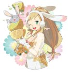  ;d alternate_costume animal_ears blonde_hair breasts bunny bunny_ears cleavage cleavage_cutout cup easter_egg egg fake_animal_ears fire_emblem fire_emblem_heroes flower gloves green_eyes holding long_hair medium_breasts one_eye_closed open_mouth pekaso1118n see-through sharena smile solo white_gloves 