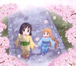  2girls cherry_blossoms from_above hand_holding japanese_clothes multiple_girls nichijou professor_shinonome shinonome_nano techsupportdog 