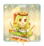  :d argyle artist_name bangs blush bow brown_bow brown_eyes chibi crown dav-19 dress dual_wielding eyebrows_visible_through_hair fireworks frilled_dress frills full_body green_dress green_hair hair_bow holding lace_background long_hair long_sleeves open_mouth orange_footwear original personification puffy_long_sleeves puffy_sleeves see-through senkou_hanabi smile solo sparkler standing standing_on_one_leg striped striped_bow transparent_background very_long_hair watermark web_address 