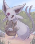 basket blue_sky blush bush commentary creature eevee espeon full_body glitchedpuppet grass grey_eyes lowres mouth_hold no_humans open_mouth outdoors pokemon pokemon_(creature) rock sky smile standing 