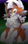  anthro blush breasts dusk_lycanroc female grass kneeling looking_at_viewer nintendo nipples outside pok&eacute;mon pok&eacute;mon_(species) slightly_chubby smile solo thick_thighs video_games yoshimister 