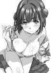  areolae arm_support bikini blush blush_stickers breasts cleavage comic_kairakuten covered_nipples cum cum_on_body cum_on_breasts cum_on_lower_body cum_on_upper_body facial greyscale hair_between_eyes large_breasts monochrome naruko_hanaharu open_clothes open_shirt plaid plaid_skirt pleated_skirt polka_dot polka_dot_bikini polka_dot_swimsuit purple_eyes school_uniform shirt short_hair sketch skirt solo swimsuit undressing 