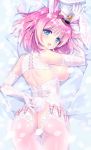  :d animal_ears ass bangs bed_sheet blue_eyes blush bow breasts bunny_ears bunny_tail carnelian censored coco_(carnelian) commentary_request elbow_gloves gloves hat hat_bow large_breasts looking_at_viewer lying no_bra no_panties on_stomach open_mouth original petal_censor petals pink_hair short_hair smile solo tail 