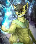  2018 5_fingers angiewolf anthro black_nose blue_eyes blurred_background brown_hair canine detailed_background digital_media_(artwork) fox fur hair male mammal nude smile solo standing yellow_fur 