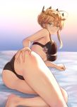  artoria_pendragon_(all) artoria_pendragon_(lancer) ass bangs bare_legs bed_sheet black_bra black_panties blonde_hair bra braid breasts closed_mouth commentary crown eyebrows_visible_through_hair fate/grand_order fate_(series) french_braid green_eyes hair_between_eyes hair_bun half-closed_eyes hand_on_own_ass highres large_breasts lingerie looking_at_viewer looking_back mashu_003 panties sidelocks smile solo thighs tsurime underwear underwear_only 