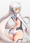  ass bangs blush bodysuit breasts code:_battle_seraph_(elsword) commentary_request elsword eve_(elsword) eyebrows_visible_through_hair gradient gradient_background grey_hair headgear leotard long_hair long_sleeves looking_at_viewer looking_back nipples parted_lips sidelocks small_breasts solo thighhighs thighs very_long_hair waero watermark web_address white_leotard yellow_eyes 