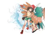  alolan_form alolan_ninetales bag beanie black_hair decidueye gen_1_pokemon gen_7_pokemon green_shorts grin handbag hat holding holding_poke_ball mimikyu mizuki_(pokemon) outstretched_arm poke_ball pokemon pokemon_(creature) pokemon_(game) pokemon_sm red_hat shirt short_hair short_sleeves shorts simple_background smile tied_shirt white_background zuizi 