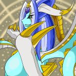  big_breasts blue_hair blue_skin breasts canastus claws deity dragon dragon_ball dragonball_gt female hair horn lipstick long_hair long_tail looking_at_viewer makeup monster_girl_(genre) multicored_eyes nipples nude oceanus_shenron scales side_boob smile solo spike_(disambiguation) transformation white_hair wings 