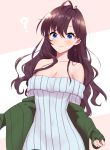  :3 ? ahoge bangs bare_shoulders blue_eyes blush breasts brown_hair cleavage collarbone commentary_request earrings eyebrows_visible_through_hair green_jacket hair_between_eyes highres ichinose_shiki idolmaster idolmaster_cinderella_girls jacket jewelry kuroshiro_(ms-2420) large_breasts long_hair looking_at_viewer navel off-shoulder_sweater off_shoulder open_clothes open_jacket ribbed_sweater simple_background smile solo sweater wavy_hair white_sweater 