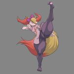  bottomless bow braixen chinese_clothing chinese_dress clothed clothing compression_artifacts dress fangs feet female fighting_stance grey_background hair hair_over_eye half-closed_eyes hi_res kick nintendo no_underwear notdeffend pawpads pok&eacute;mon pok&eacute;mon_(species) pussy raised_leg red_eyes simple_background solo spread_legs spreading standing standing_on_one_leg sweat uncensored upskirt video_games 
