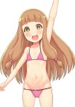  :d absurdres arm_at_side arm_up armpits atg_(wttoo0202) bangs bare_arms bare_shoulders bikini blunt_bangs child collarbone commentary_request cowboy_shot flat_chest groin hair_tie highres ichihara_nina idolmaster idolmaster_cinderella_girls legs_apart long_hair looking_at_viewer navel open_mouth pink_bikini revision round_teeth sidelocks simple_background smile solo standing stomach string_bikini swimsuit tareme teeth upper_teeth waving white_background 