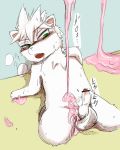  2014 ambiguous_gender anthro blush canine censor_bar censored ditto duo erection fur goo_creature green_eyes japanese_text kneeling male mammal nintendo nude open_mouth penis pok&eacute;mon pok&eacute;mon_(species) saliva text video_games white_fur シュガー 