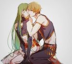  1other armlet blonde_hair closed_eyes earrings elbow_gloves enkidu_(fate/strange_fake) eyebrows_visible_through_hair fate/grand_order fate/strange_fake fate_(series) gilgamesh gloves gold_trim green_hair grey_background hand_on_another's_face highres imminent_kiss jewelry leaning_on_person long_hair looking_at_viewer midriff navel parted_lips red_eyes rrr_(reason) seiza short_hair simple_background sitting sketch sleeveless very_long_hair 