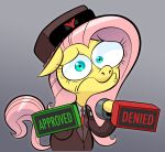  2018 absurd_res blue_eyes clothing english_text equine fluttershy_(mlp) friendship_is_magic hair hat hi_res horse hotdiggedydemon mammal my_little_pony necktie papers_please pony stamp text uniform 