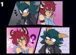  blush comic confusion duo fan_character fur girly green_eyes green_fur hair hedgehog male male/male mammal niwa purple_eyes red_hair red_panda sonic_(series) teasing xx_g.u.n_xx 