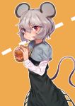  1girl animal_ears asuzemu bangs black_skirt black_vest capelet commentary_request cowboy_shot eating eyebrows_visible_through_hair food grey_capelet grey_hair hair_between_eyes hamburger holding holding_food long_sleeves looking_at_viewer mouse_ears mouse_tail nazrin orange_background outline red_eyes shirt short_hair simple_background skirt skirt_set solo standing tail touhou vest white_outline white_shirt 