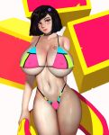  bikini black_hair blush breasts brown_eyes cameltoe cleavage flower hair_flower hair_ornament holding huge_breasts looking_at_viewer navel original randy_(awesomevillage) short_hair solo standing star star_tattoo swimsuit tattoo 