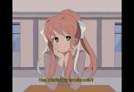  1girl 80s brown_hair chin_rest chocomiru commentary doki_doki_literature_club english english_commentary eyebrows_visible_through_hair eyes_visible_through_hair green_eyes grey_jacket hair_ribbon indoors jacket long_hair looking_at_viewer making_of monika_(doki_doki_literature_club) oldschool pillarboxed ponytail ribbon school_uniform smile solo subtitled upper_body white_ribbon 