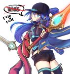  animal_ears artoria_pendragon_(all) baseball_cap black_shorts blue_hair blue_jacket blue_scarf chibi cosplay crossover dual_wielding falchion_(fire_emblem) fate/grand_order fate_(series) fire_emblem fire_emblem:_kakusei fire_emblem_heroes hat holding ippers jacket long_hair lucina marth_(fire_emblem:_kakusei) mysterious_heroine_x mysterious_heroine_x_(cosplay) polearm rojiura_satsuki:_chapter_heroine_sanctuary scarf shorts spear track_jacket weapon 