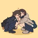  bag bag_charm blush bookbag brown_hair charm_(object) cheek_pinching closed_eyes headphones headphones_around_neck heart hood hooded_jacket jacket loafers m_k multiple_girls original pinching shoes short_hair skirt sneakers squatting yellow_background yuri 