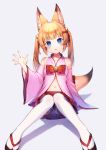  animal_ear_fluff animal_ears bad_id bad_pixiv_id bare_shoulders bell black_footwear blonde_hair blue_eyes blush bow collarbone detached_sleeves fox_ears fox_girl fox_tail grey_background hair_bell hair_ornament highres jingle_bell kemomimi_oukoku_kokuei_housou knees_together_feet_apart long_hair long_sleeves looking_at_viewer mikoko_(kemomimi_oukoku_kokuei_housou) momoshiki_tsubaki navel panties parted_lips pleated_skirt red_bow red_skirt ribbon-trimmed_legwear ribbon_trim sitting skirt solo tabi tail thighhighs twintails underwear virtual_youtuber white_legwear white_panties wide_sleeves zouri 