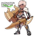  armor armored_boots bikini_armor blonde_hair blush boots charge_blade chibi commentary_request copyright_name dark_skin eyebrows_visible_through_hair full_body gauntlets holding holding_shield holding_sword holding_weapon horns kupala loincloth looking_at_viewer monster_hunter monster_hunter:_world navel nergigante_(armor) no_nose purple_eyes scar scar_across_eye shield short_hair skull smile solo spikes stomach sword weapon 