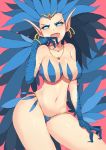  :d blue_eyes blue_hair bracelet earrings fangs hair_ornament harpy hearthstone highres jewelry long_hair looking_at_viewer midriff monster_girl necklace no_pupils open_mouth pink_background pointy_ears smile solo thong tinpam very_long_hair windfury_harpy 